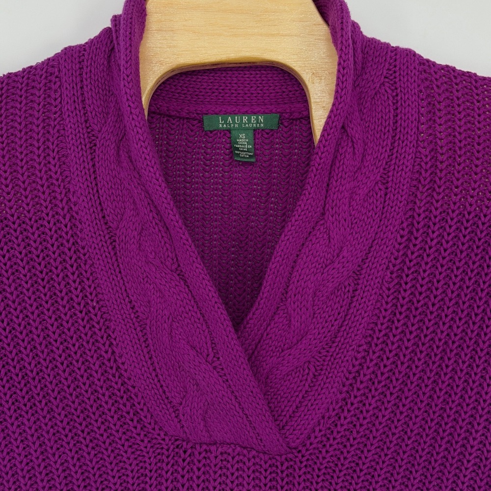Ralph Lauren Sweater Women XS Purple V-Neck Cable Knit Shawl Pullover Fall Prep - Picture 3 of 10